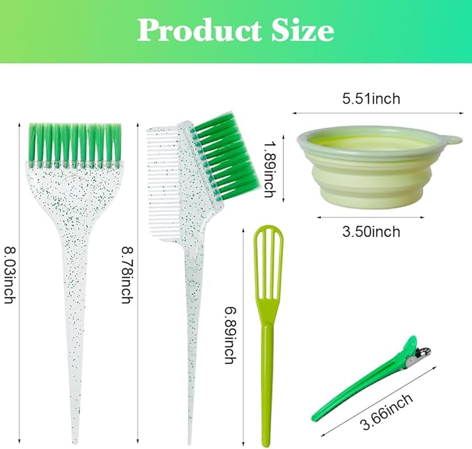 Hair Dye Color Brush and Bowl Set, Color Bowl Brushes Tool Mixing Bowl Kit Tint Comb for Hair Tint Dying Coloring Applicator (Green&Clear)