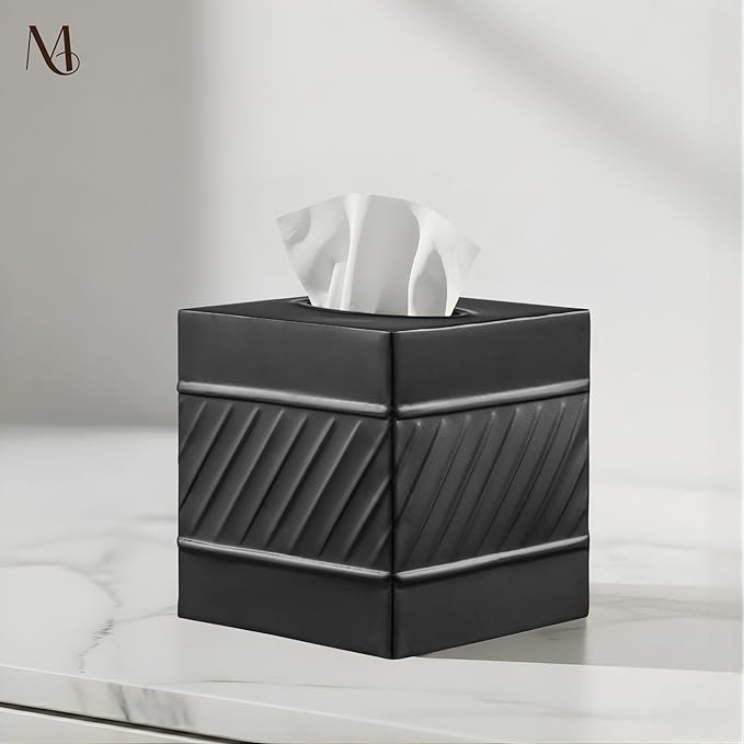 Monarch Abode Tissue Box Cover Square – Handcrafted Wave Embossed Black Metal Tissue Holder Box for Bathroom Accessory, Aesthetic Decorative Facial Napkin Cube for Modern Home Decor