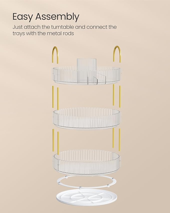 SONGMICS Makeup Organizer, 3-Tier Round Rotating Skincare Organizer Countertop, Customizable, Toiletries Vanity Organizer, Lazy Susan, Gift, Transparent UJKA011W02