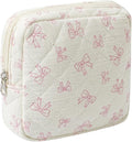 Small Quilted Cotton Makeup Bag for Purse, Cosmetic Bag with Compartments, Cotton Aesthetic Makeup Bag, Travel Toiletry Pouch, Lipstick Bag Card Holder Data Cable Organizer (09White Small bow)