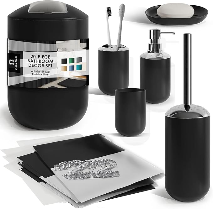 Clara Clark Bathroom Set - Black Bathroom Accessories Set, 20PC Bathroom Accessory Set, Shower Curtain Set, Soap Dispenser, Toilet Brush, & Trash Can