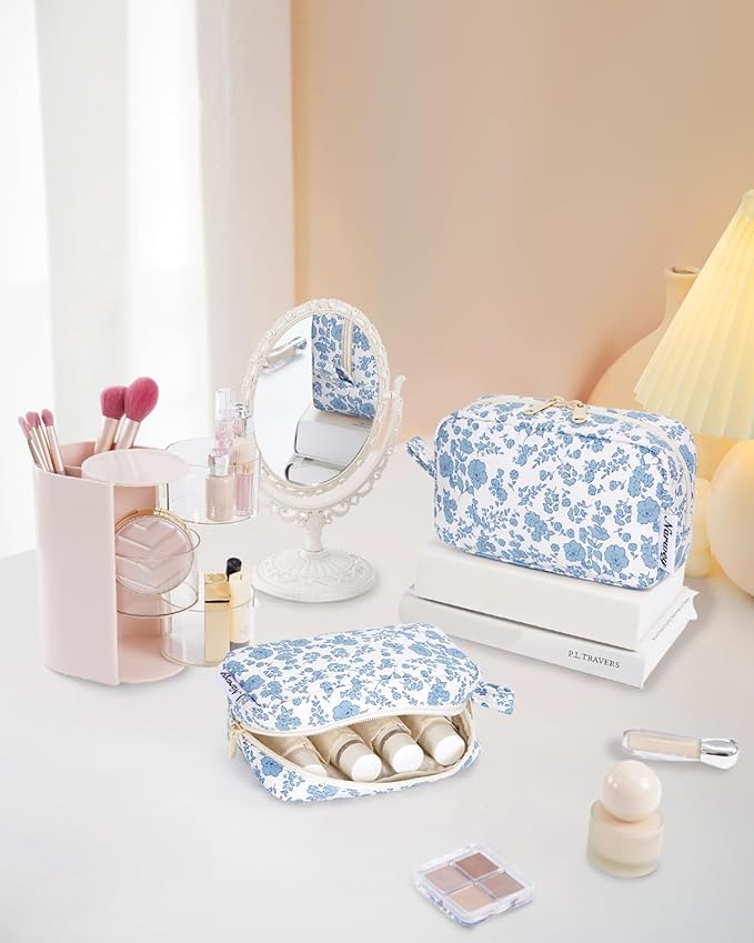 Narwey Small Makeup Bag for Purse Travel Makeup Pouch Mini Cosmetic Bag Zipper Pouch for Women (Blue Flower, Small)