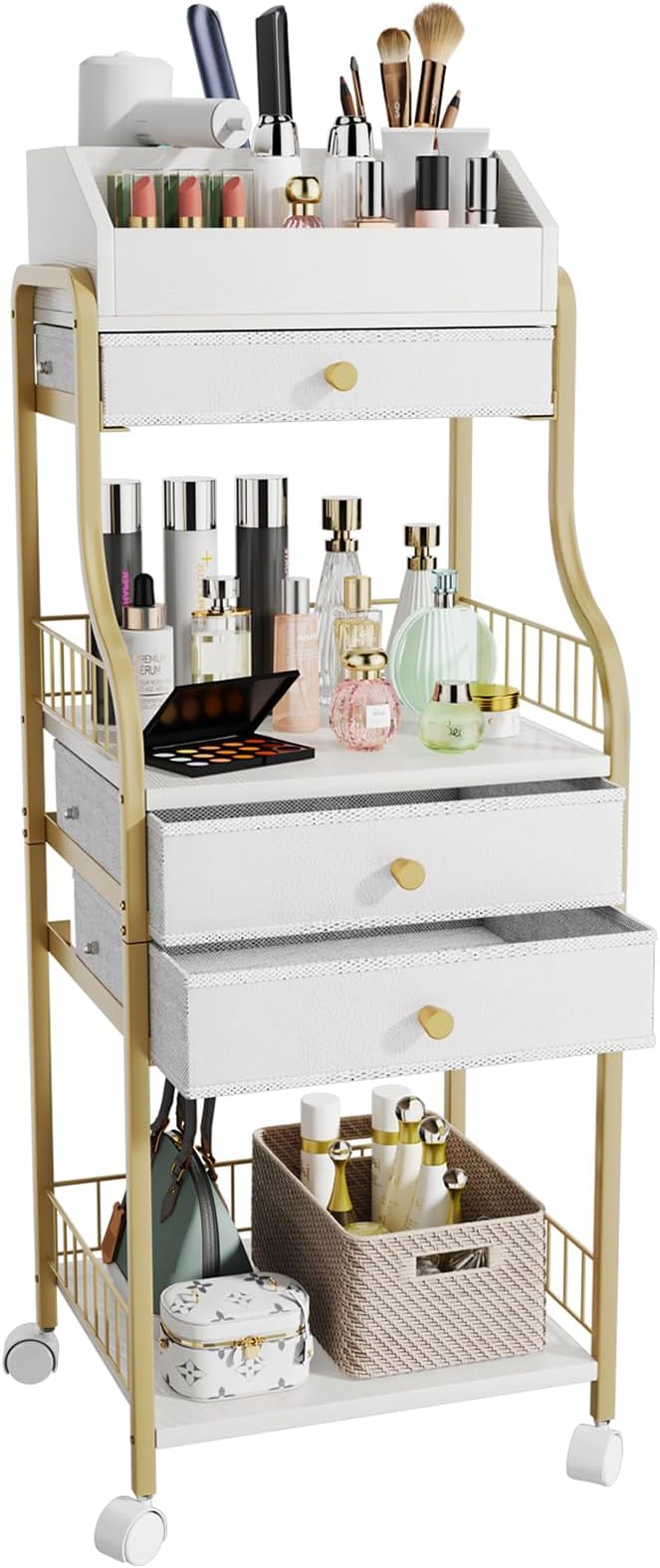 HapiRm Floor Makeup Organizer Storage - Vanity Skincare Make Up Organizers and Storage with Drawers, Cosmetics Display Cases Holder for Skin Care Nail Polish Perfume Makeup Brush, Gold