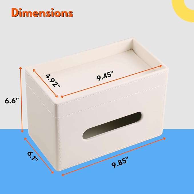 LAMOTI Rectangular Tissue Box Cover with Storage Tray, Leather Facial Tissue Box Holder for Bathroom, Office Table, Countertop, Night Stand & More (White)
