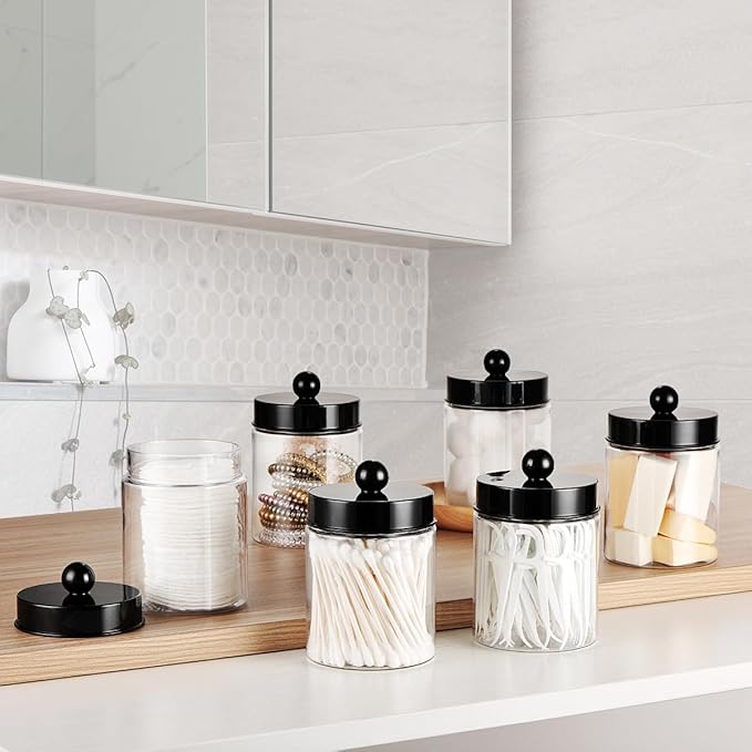 Amolliar Apothecary Jars Bathroom Vanity Storage Organizer Set -Countertop Canister Plastic Acrylic Jar - Farmhouse Decor Qtip Holder for Cotton Swabs,Makeup Sponges,Flossers,Paper Clips -Black(2)
