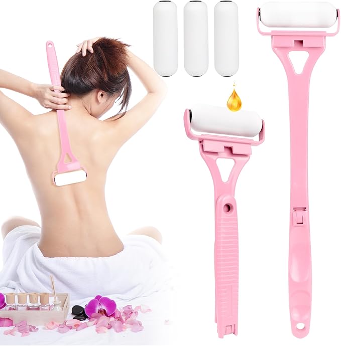Lotion Applicator for Back, Backs Lotion Applicator for Women and Men with 3 Reusable Washable Foam Rollers, Long Curved Handle Sunscreen Applicator for Back(Pink)