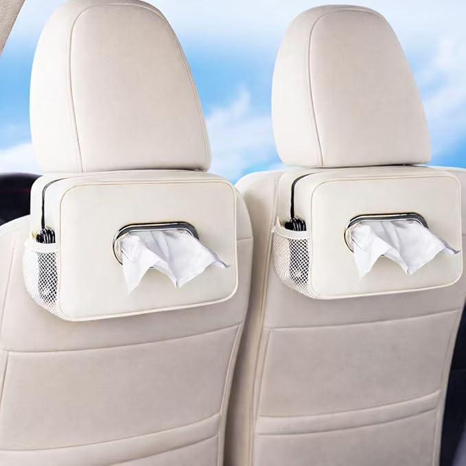 2 Pack Multi-functional Car Tissue Holder with ‌2 Tuck Nets, Upgraded PU Leather Tissue Box Cover, Large Rectangle Napkin Storage Organizer, Keep Car Tidy, White