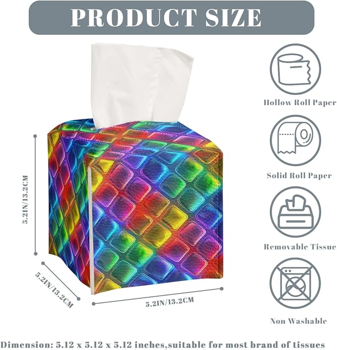 Rainbow Tissue Box Cover Neon Colorful Tiles Purple Blue Pink Square PU Leather Waterproof Tissue Box Holder for Bathroom Kitchen Bedroom Vanity Countertop Night Stands