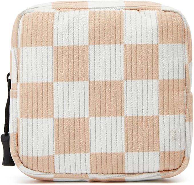 Small Makeup Bag for Purse,Mini Cosmetics Bag cute Zipper corduroy Cosmetic Pouch Storage Pouch Travel Toiletry Organizer for Women Girls(Checkered Orange)
