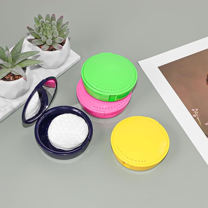 Plastic Cotton Round Holder with Mirror 4 Pack Cosmetic Cotton Pad Holder Portable Travel and Sealed Suitable for Makeup Remover, Beads, Jewelry, Crafts (4 Colors (Blue, Pink, Green, Yellow))