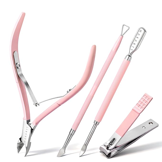 Makartt Cuticle Trimmer Set with Professional Cuticle Nipper, 2 Cuticle Pushers & Nail Clipper, Stainless Steel Pink Manicure Tools Kit for Women, Sharp, Ergonomic & Portable
