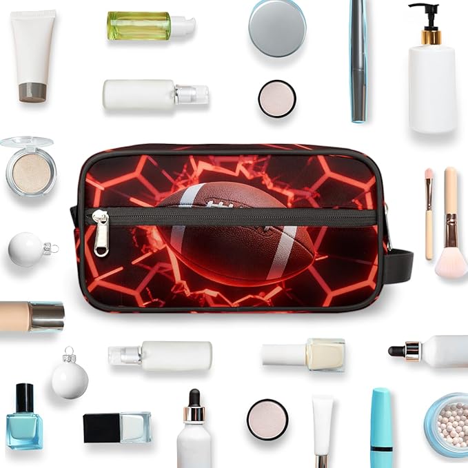 Futuristic Style American Football Toiletry Bag for Men Women, Cosmetic Makeup Bag with Handle, Travel Shaving Kit Organizer, Waterproof Portable Wash Bag for Gym Vacation Camping Sports