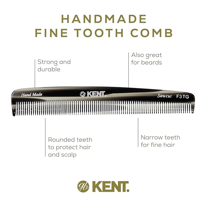Kent F3T Black Graphite Fine Tooth Comb - Hair Parting and Straightening Comb for Men's & Women's Dandruff Remover, Saw Cut and Hand Polished Made in England
