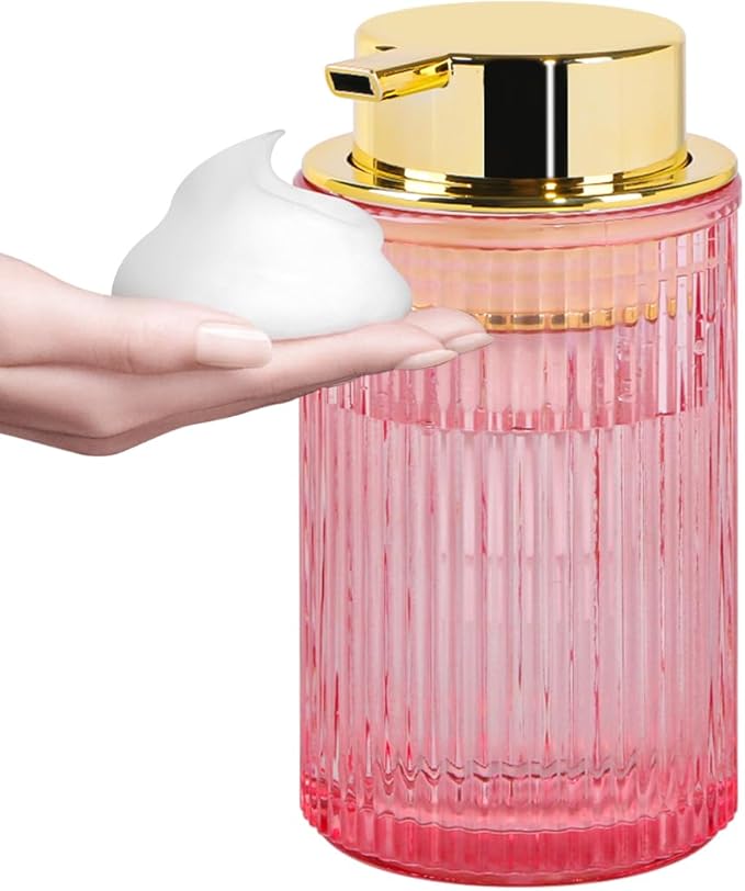 Foaming Soap Dispenser, 12 Oz Pink Glass Foam Hand Soap Dispenser, Refillable Glass Foam Pump Bottle Container Decorative Slim Ribbed Bottle for Bathroom and Kitchen