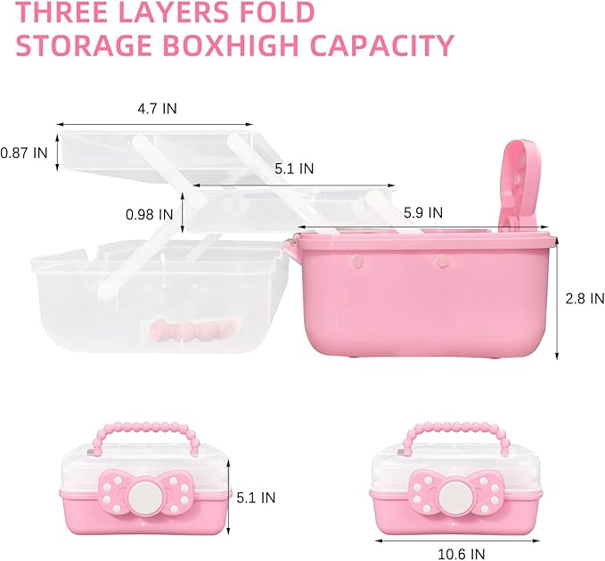 10.6in 3-Layer Multipurpose Storage Box Art Craft Organizer Storage Box Kids Clear Plastic Portable Storage Box/Tool Box with Handle for Sewing,Cosmetic,Medicine,Nail,Hair Accessories (Pink)