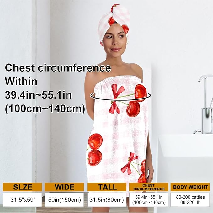 Cherry Bath Wrap with Hair Drying Turban, Pink Plaid Microfiber Shower Skirt Set, Quick Dry Spa Wrap Towel for Women Girls Dorm Home (Cherry 4)
