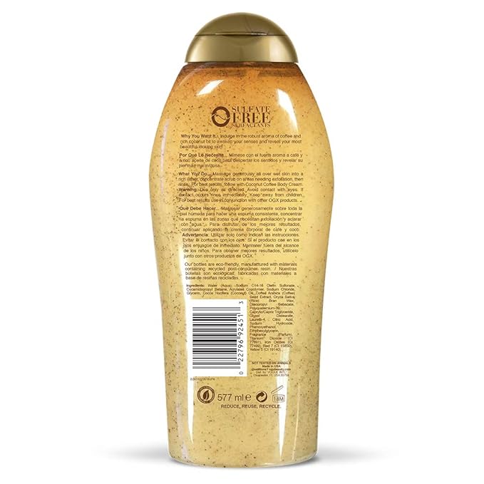 OGX Smoothing + Coconut Coffee Exfoliating Body Scrub with Arabica Coffee & Coconut Oil, Moisturizing Body Wash for Dry Skin, Paraben-Free with Sulfate-Free Surfactants, 19.5 Fl Oz (Pack of 3)