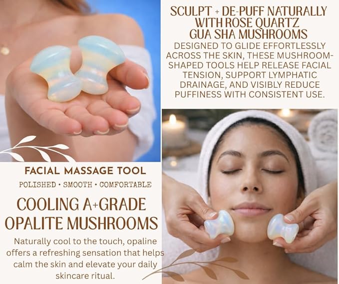 This Hippie Girl Gua Sha Mushroom Set, Jaw Sculpting Tools, Opalite Stone Facial Toning and Yoga Sculpt Massage Tool, 2 Gua Sha Mushrooms for Skin and Facial Treatment, Opal Facecare Tools