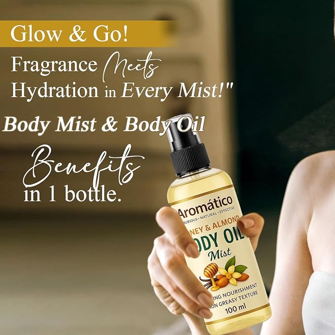 Honey & Almond Body Oil Mist for Women | Lightweight, Non-Sticky, Spray-on formula for Daily use After Shower | Moisturized, Soft, Glowing Skin | Cozy, Creamy Vanilla Scent - 4 Fl Oz
