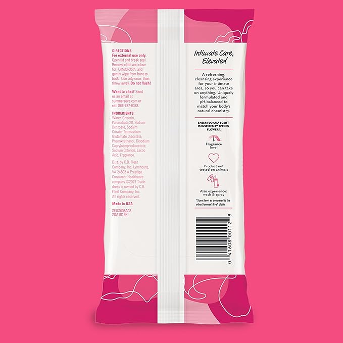 Summer's Eve Sheer Floral Feminine Wipes, Gentle pH-Balanced Formula Helps Control Vaginal Odor, Resealable Pack, 32 Wipes, Pack of 4