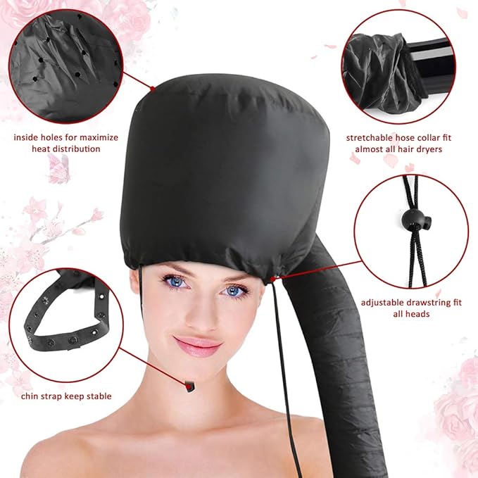 Bonnet Hood Hairdryer Attachment - Upgraded Hair Dryer Bonnet with Chin Strap and Longer Extended Hose More Easy to Enjoy Styling, Curling and Hair Deep Conditioning, Free Carrying Case Hooded Dryer.