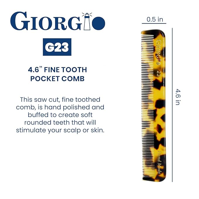 Giorgio G23 Handmade Fine Tooth Pocket Comb for Men, Mustache and Beard Comb for Men, Pocket Combs for Everyday Grooming or Styling Hair, Saw Cut and Hand Polished (4.6")