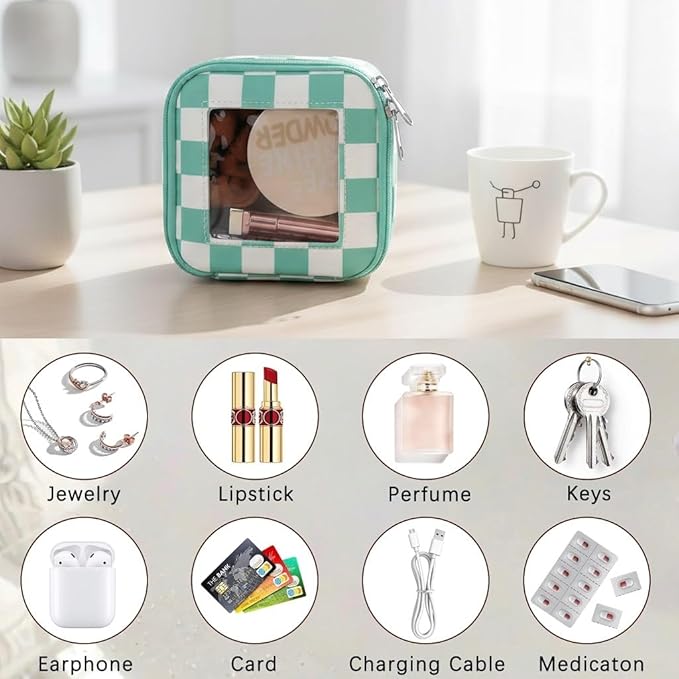 DOB SECHS Mini Checkered Bag for Purse 5.1'' x 5.1'' Small Makeup Bag for Car Cute Clear Cosmetic Bag with Zipper, Tiny Toiletry Bag Lipstick Organizer Pouch Travel Essential Storage Pouch, Mint Green