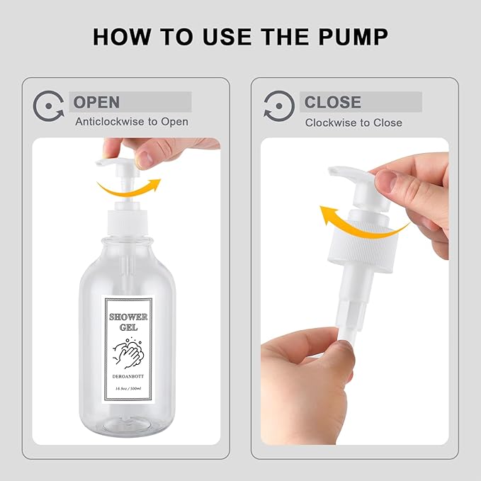 Shampoo and Conditioner Dispenser, Refillable Plastic Shampoo Pump Bottles with Waterproof Labels, Empty Body Wash Dispenser Set for Bathroom, Shower Soap Bottles (Transparent)