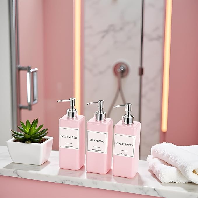 Shampoo and Conditioner Dispenser for Shower, Refillable Shampoo and Conditioner Bottles Body Wash Dispenser with Waterproof Labels, 3PCS 16.9oz Soap Dispenser Bathroom Pink Silver Empty Pump Bottle