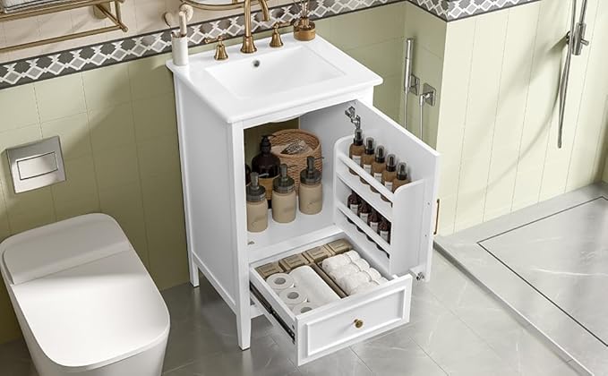 Bellemave 20 Inch Vanity with Sink, Free Standing Bathroom Vanity Cabinet with Soft Closing Door, Storage Rack, Drawer (White)