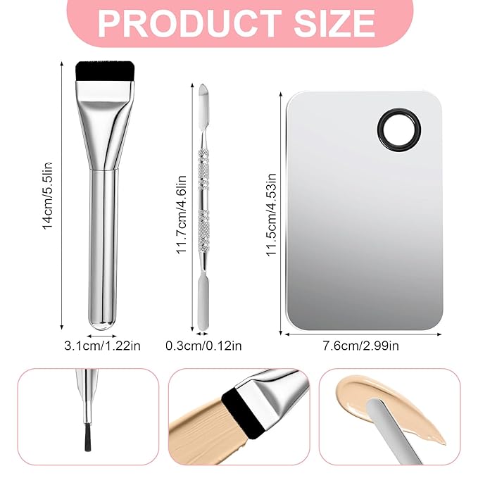 3PCS Makeup Mixing Palette Make up Spatula Tool Foundation Spatula Makeup Plate Tray, Professional Cosmetic Artist Accessories Set for Women Girl Korean for Eye Shadow Eyelash Nail Art(Metal)