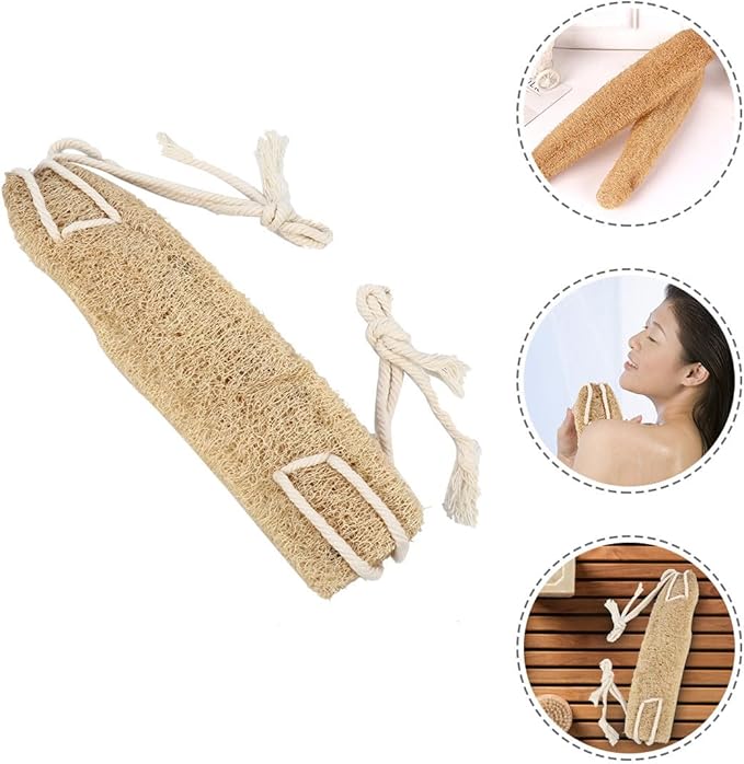 Natural Loofah Back Scrubber Strap for Shower Bath, Beige Exfoliating Wash Strap with Long Band, Deep Cleaning Back Washer for Men and Women Bath Accessories