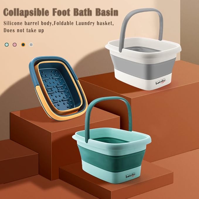 Beinilai Collapsible Foot Bath Basin for Soaking Feet,Foot Soak Tub,Plastic Foot Bucket with Handles and Massage Acupoint,Foldable Laundry Basket-Gery