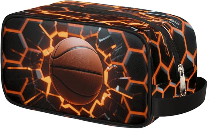 Abstract Basketball Kids Toiletry Bag for Boys Girls, Cosmetic Makeup Bag with Handle, Travel Shaving Kit Organizer, Waterproof Portable Wash Bag for Gym Vacation Camping Sports