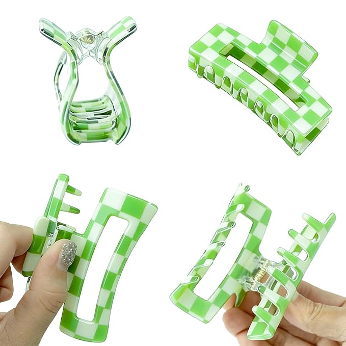 2 PCS Checkered Hair Claw Clips Green Non Slip Hair Jaw Clips Strong Hold Rectangle Hair Claw Multicolored Plaid Checkered Hair Clip Rectangle Hair Barrettes Hair Styling Accessories for Women Girls
