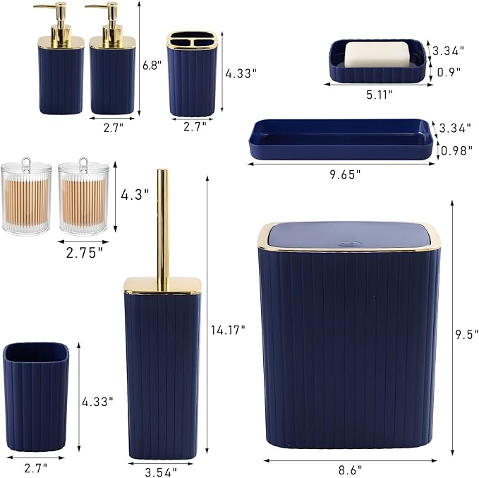 Bathroom Accessories Set - Gorgeous Bathroom Set, 10PC Navy Blue Bathroom Accessory Set, Toilet Brush, Trash Can, Qtip Holder & Soap Dispenser