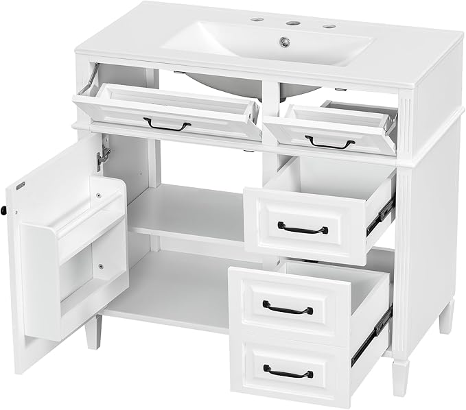 Harper & Bright Designs 36" Bathroom Vanity with Sink, Free Standing Vanity Set with 4 Drawers, Storage Racks, and Adjustable Shelf, Wood Bathroom Cabinet with Ceramic Basin for Bathroom, White