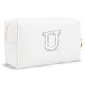 Bride Gifts – Personalized Initial Makeup Bag with Pearl Rhinestone Patch, Preppy White Monogram Cosmetic/Toiletry Pouch, bridesmaid Gifts, Bridal Shower Gifts, Wedding Gifts, Bridal Gifts,U