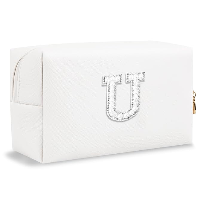 Bride Gifts – Personalized Initial Makeup Bag with Pearl Rhinestone Patch, Preppy White Monogram Cosmetic/Toiletry Pouch, bridesmaid Gifts, Bridal Shower Gifts, Wedding Gifts, Bridal Gifts,U