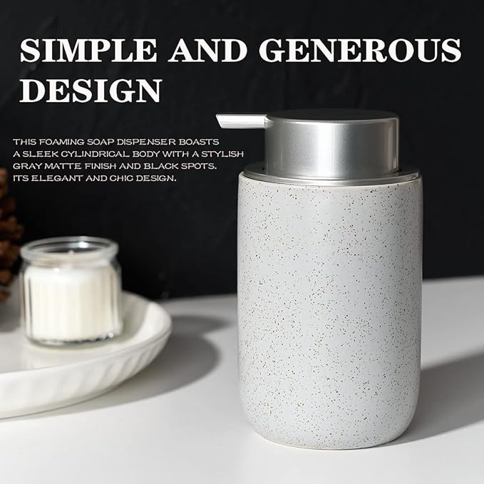 Gray Foaming Soap Dispenser,Ceramic Foam Dispenser with Silver Plastic Pump for Bathroom&Kitchen,12oz Refillable Foaming Dispenser
