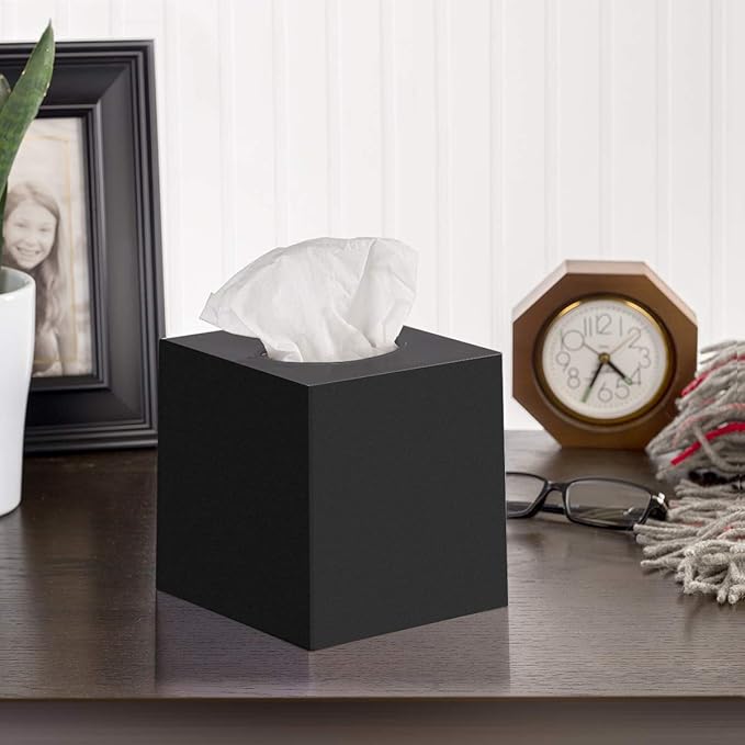 2 Pack Black Tissue Box Cover – Square Tissue Box Holder for Bathroom Accessories Countertop, Decorative Tissue Cover and Square Cube Holder for Modern Home, Office or Dresser Décor