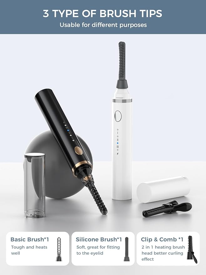 Smiling Shark Heated Eyelash Curler, 360°Wand-Style Heated Eyelash Curler Comb with 3 Brush Heads & 3 Temp & 5s Fast Heating【Lengthen/Define/Curler】 3-in-1 Lash Curler for All Types of Lashes