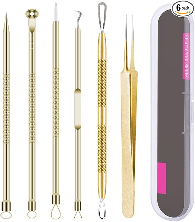 Pimple Popper Tool Kit 6 Pcs Blackhead Remover Acne Needle Tools Set Removing Treatment Comedone Whitehead Popping Zit for Nose Face Skin Blemish Extractor Tool - Gold