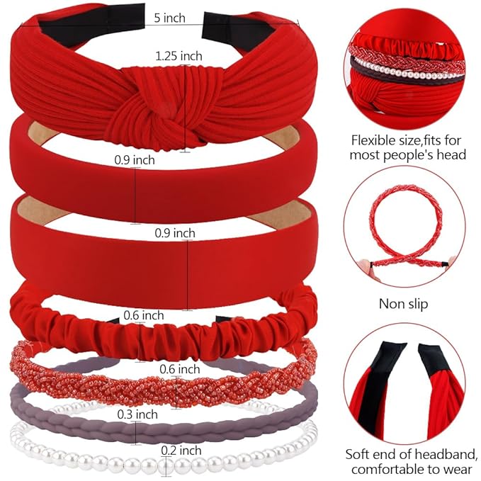 AHONEY 7 Pack Red Headbands for Women Christmas Headbands Trendy Non Slip Hairbands Cute Hair Accessories Multi-style Headband Pack (Red)