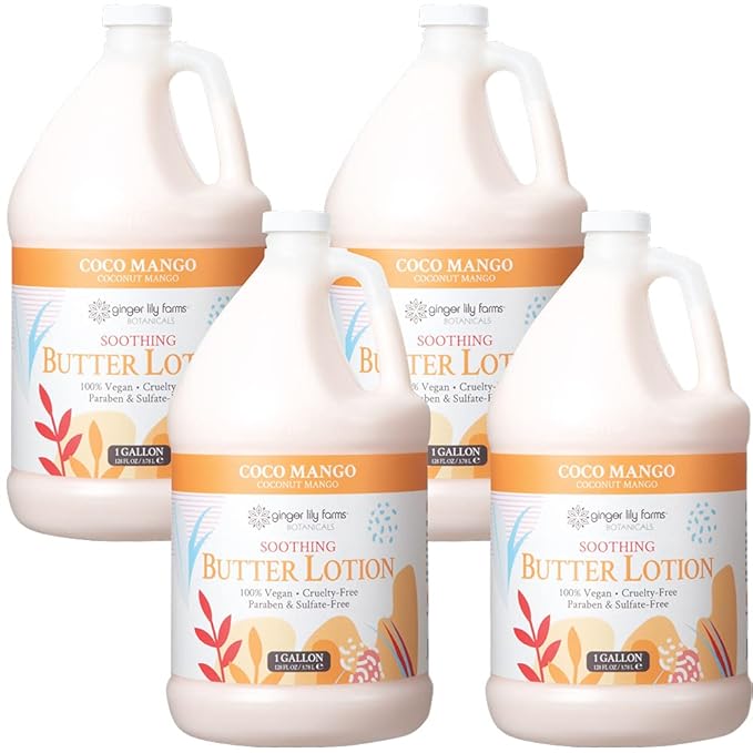 Ginger Lily Farms Botanicals Soothing Butter Lotion for Dry Skin, Coco Mango, 100% Vegan & Cruelty-Free, Coconut Mango Scent, 1 Gallon (Pack of 4)