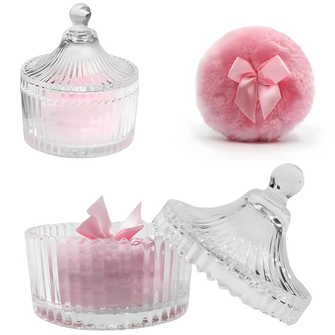 2 Pcs Large Body Powder Puff and Container Powder Container with Puff Powder Puff Crystal Container Soft Washable Reusable Velour Face Body Glitter Powder Puff Wet Dry Makeup (Pink)