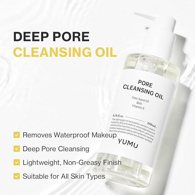 YUMU Coix Seed Deep Pore Cleansing Oil, Vitamin E, BHA, Double Cleansing, Waterproof Makeup Remover, Gentle Oil Cleanser, Blackhead Remover, No Oily Residue, Korean Skin Care (200ml/6.76 fl.oz.)