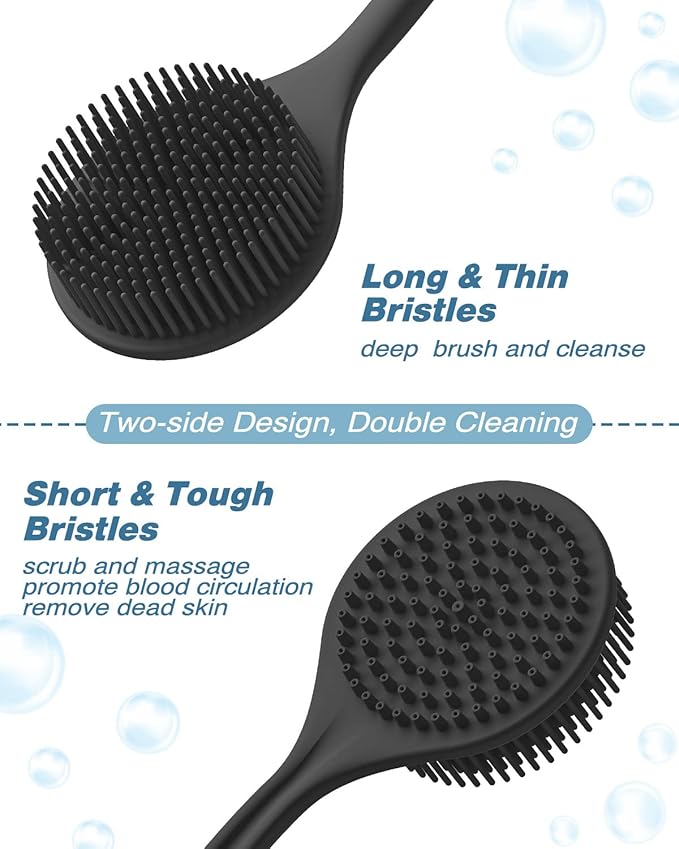 Manmihealth Silicone Back Scrubber (Thin Bristles) & Bath Glove & Face Brush Set(3PCS), Exfoliating Body Scrubber, Shower Brush, Face Scrubber Combination, with a Hook (Random Color Pink or Black)