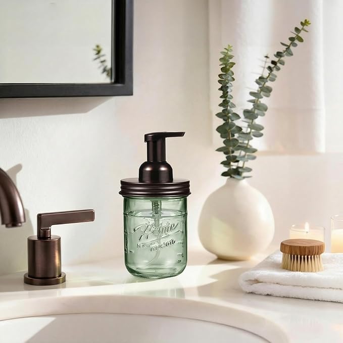 SheeChung Mason Jar Foaming Soap Dispenser, Stainless Steel Lid, BPA Free Pump, Green Glass Foam Hand Soap Dispenser, 16Oz Refillable Liquid Foam Dispenser Bottle, Bathroom Kitchen, Dish Soap-Bronze