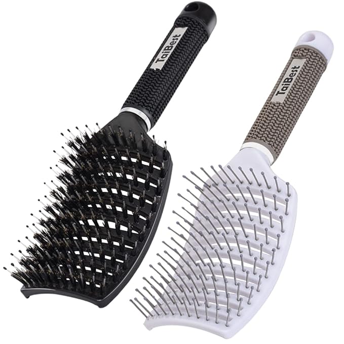 Boar Bristle Hair Brush Set - Dry/Wet Hair Brushes Detangler for Fine, Thick, Curly Hair - Curved and Vented Hair Brush for Women, Men or Kids